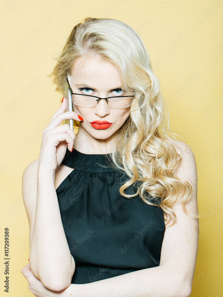 Sexy blonde in glasses with phone Sexy blonde in glasses with phone