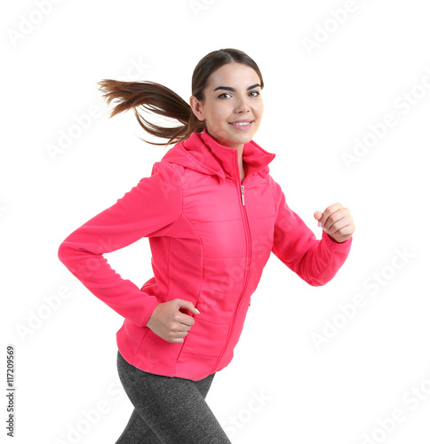 Young woman running isolate...