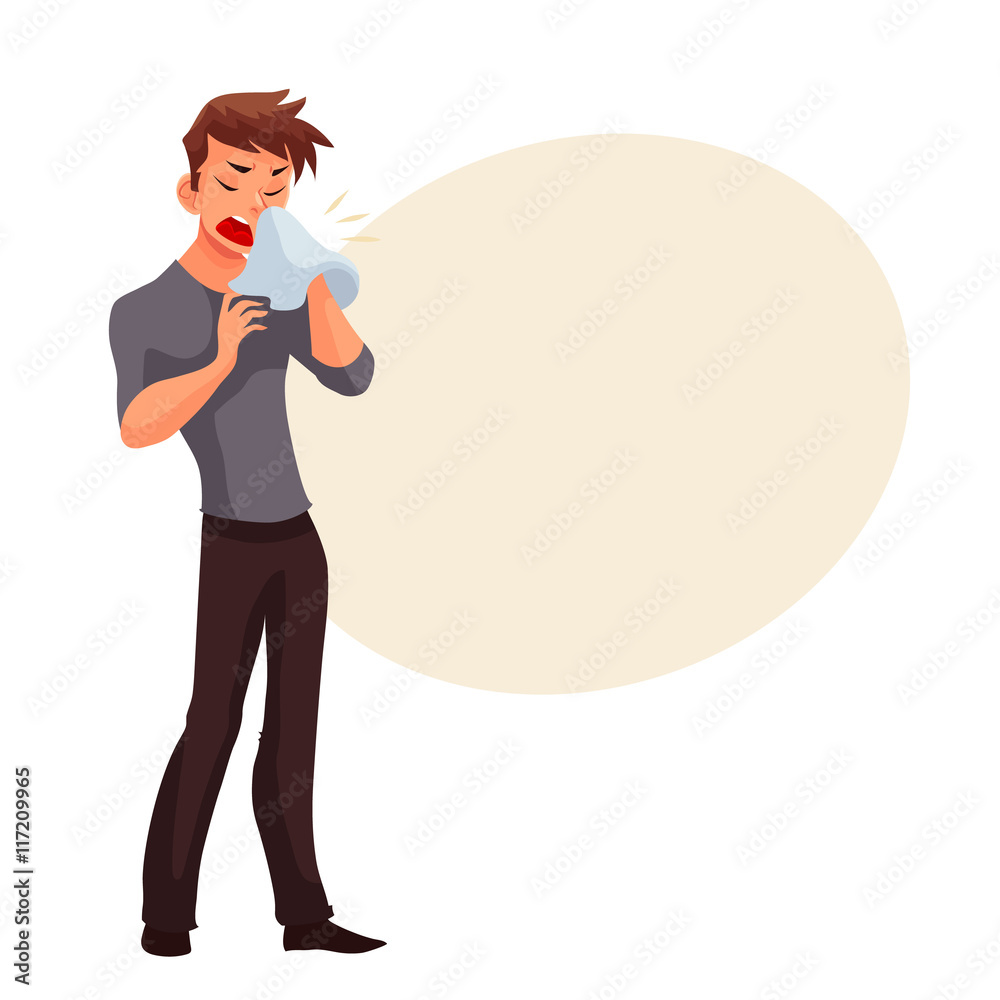 Sneezing young man blowing his nose, cartoon style vector illustration isolated on white background. Guy having cold, seasonal flu running nose, feeling unwell