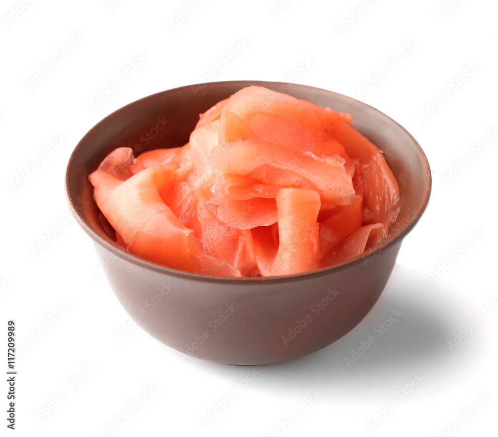 Bowl of marinated ginger isolated on white Bowl of marinated ginger isolated on white