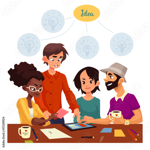 Young creative business people brainstorming ideas in office, sketch style vector illustration. Multiethnic group of young people having a brainstorm at the table. Teamwork, planning, creative process