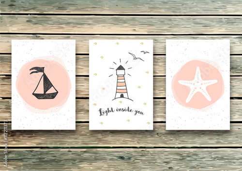 Set of vector cards templates in marine style. Elegant invitation card. Greeting card. Light inside you - quote.