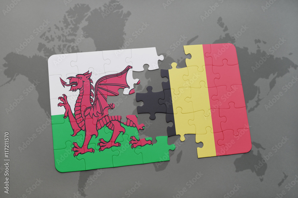 puzzle with the national flag of wales and belgium on a world map ...