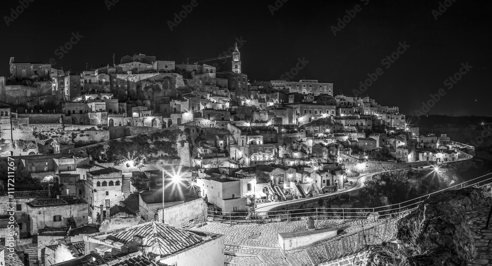 Panoramic nocturnal view of Matera, Italy