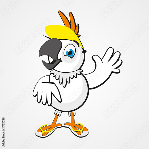 White funny cartoon hilarious parrot isolated on white background. Vector illustration. Eps 10.