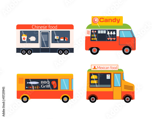 Street food festival color trailers labels set, van restaurant. Cafe urban food truck trailers, mobile market, event and transport. Vector illustration food truck trailers, fast delivery service.