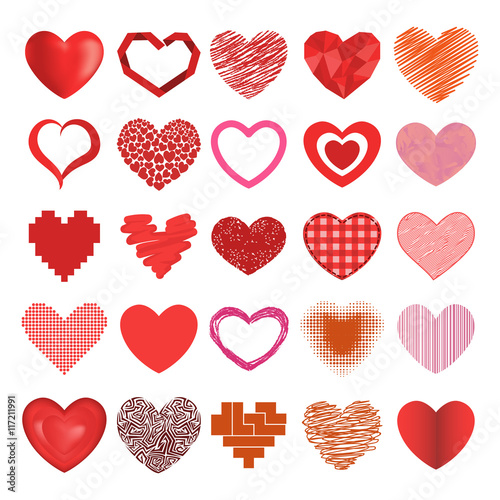 Vector red hearts icons set emotion wedding symbols. Holiday passion heart icons valentine romantic shape design. Romance element red graphic heart icons decoration marriage concept collection.