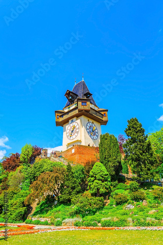 Tourist destination, Clock tower Uhrturm on Schossberg fortress in Graz, Austria 