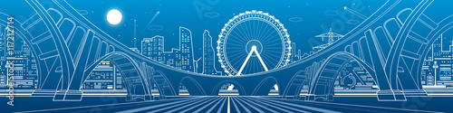 Big bridge, amazing panorama of night city. Architecture and infrastructure illustration. Ferris wheel, neon town, office buildings, nightlife, vector design art