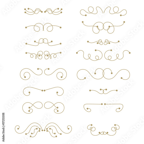Abstract gold curly design element set isolated on white background. Golden dividers. Swirls. Vector illustration.