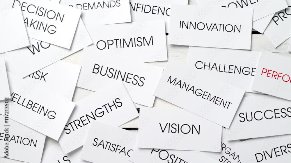 Business related concepts in a tag cloud on cards with one text in red: performance. Success plan for a company. Dolly shot.