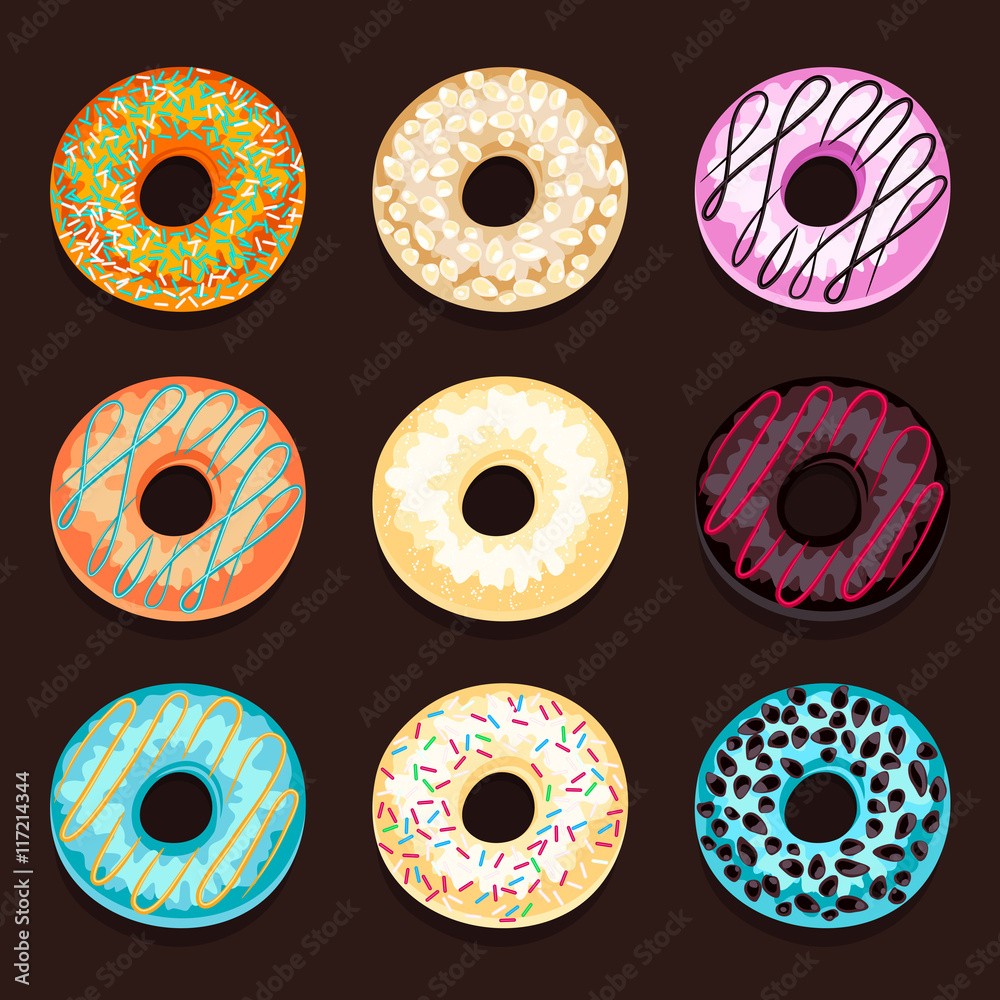Set of donuts isolated on a brown background. Set of donuts isolated on a brown background.