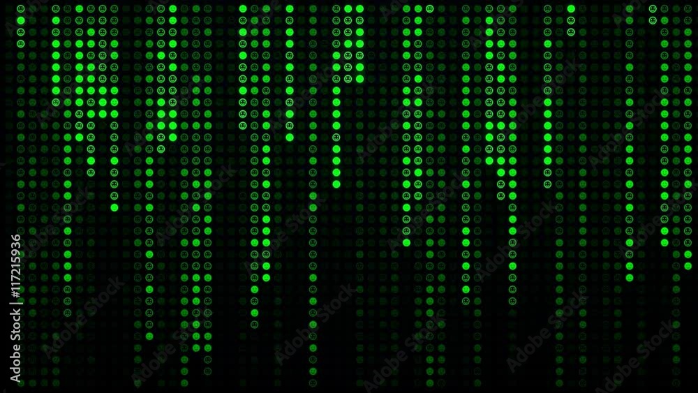Random smiley-face characters falling down (code rain): a popular sci-fi movie effect; a symbol of obscure technology; computer source code, hacking, AI takeover.
