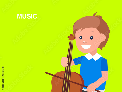 Happy kid playing on contrabass