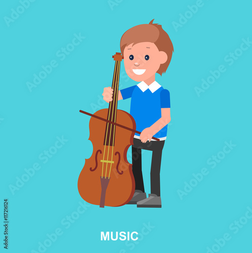 Happy kid playing on contrabass
