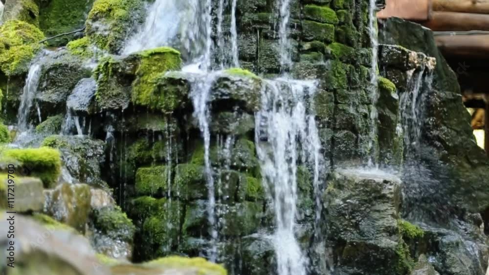 Little Waterfall in Forest, Moss Covered Rocks Little Waterfall in Forest, Moss Covered Rocks