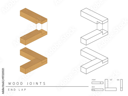 Type of wood joint set End Lap style, perspective 3d with top front side and back view isolated on white background
