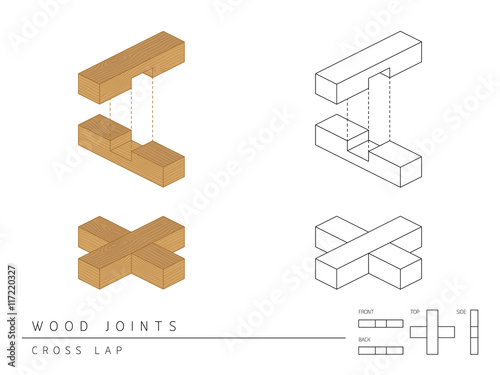 Type of wood joint set Cross Lap style, perspective 3d with top front side and back view isolated on white background