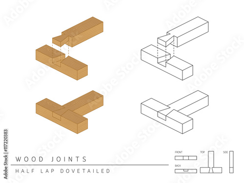 Type of wood joint set Half Lap Dovetailed style, perspective 3d with top front side and back view isolated on white background