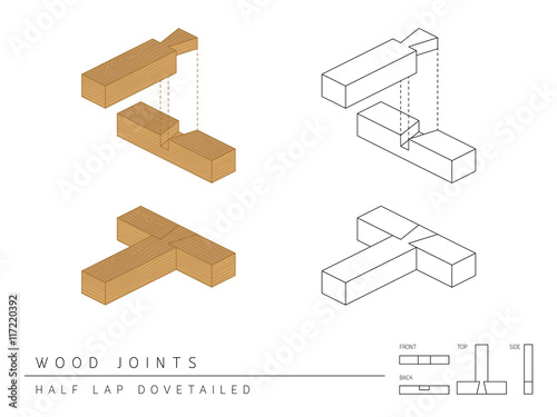 Type of wood joint set Half Lap Dovetailed style, perspective 3d with top front side and back view isolated on white background