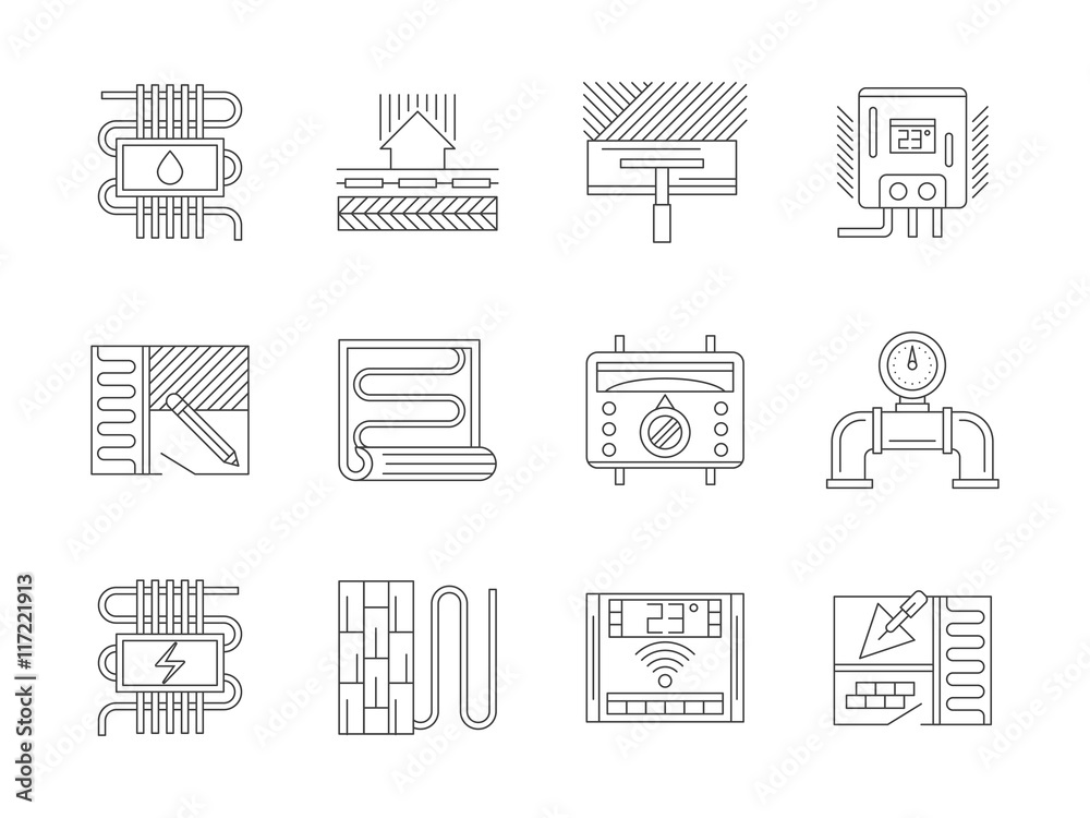 Set of underfloor heating flat line vector icons Set of underfloor heating flat line vector icons