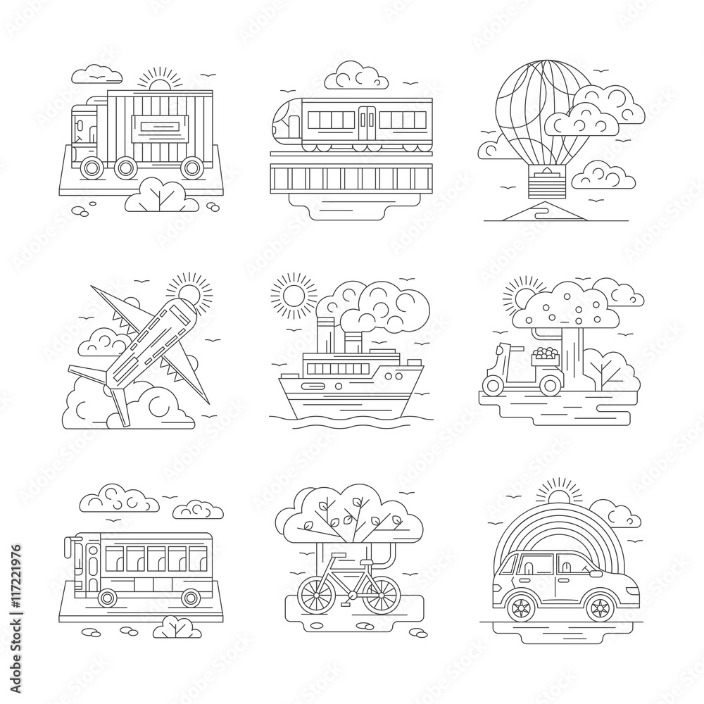 Set of transportation detailed line vector icons