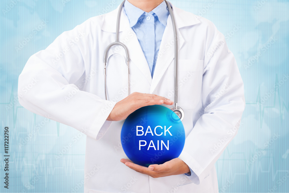 Doctor holding blue crystal ball with back pain sign on medical background.