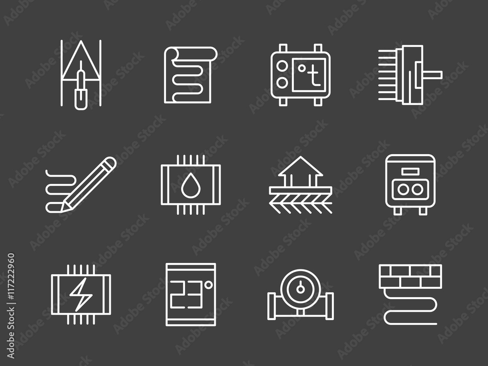 Set of heating system white line vector icons Set of heating system white line vector icons