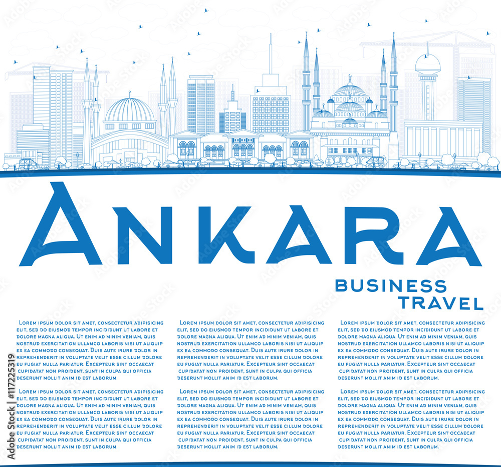 Outline Ankara Skyline with Blue Buildings and Copy Space.