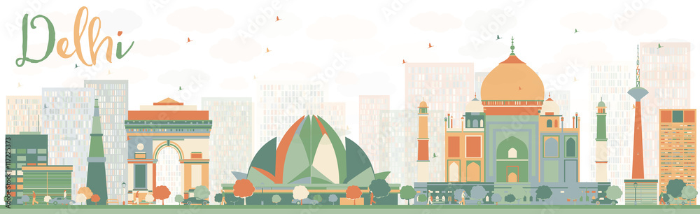 Abstract Delhi Skyline with Color Landmarks.