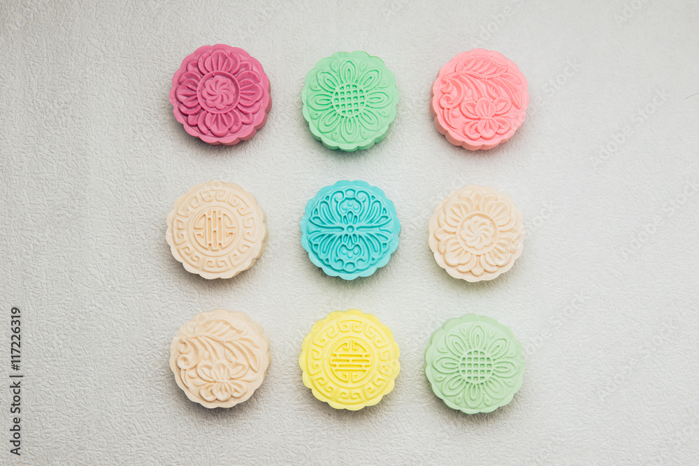 Sweet color of snow skin mooncake on plate. Chinese mid autumn Sweet color of snow skin mooncake on plate. Chinese mid autumn