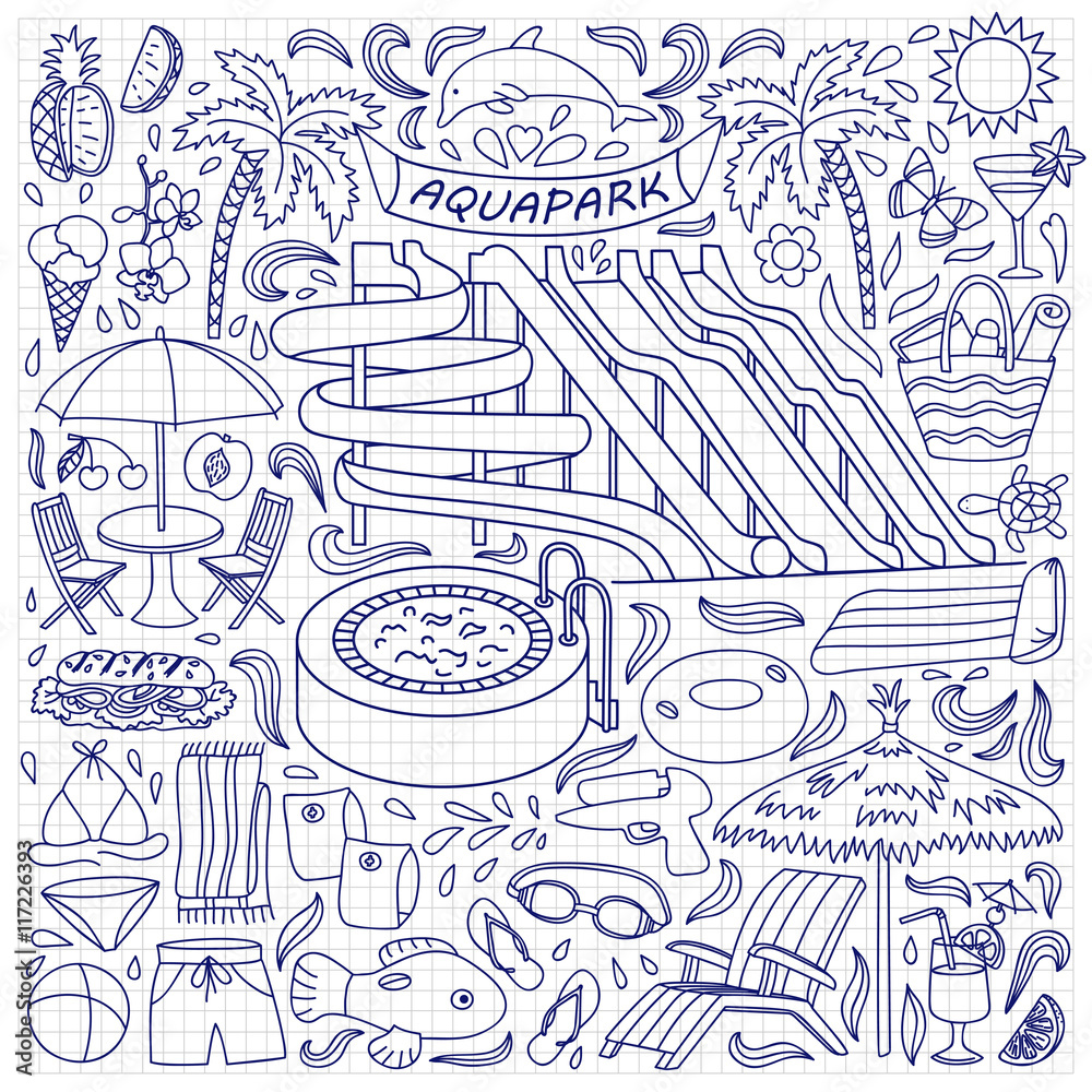 Fototapeta premium Aquapark doodle set