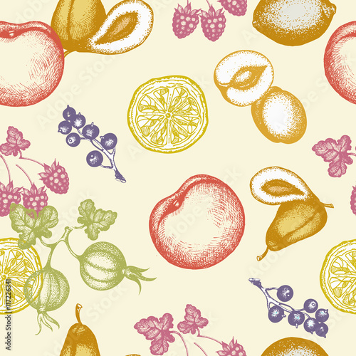 Fruits seamless pattern ink hand drawn vector illustration