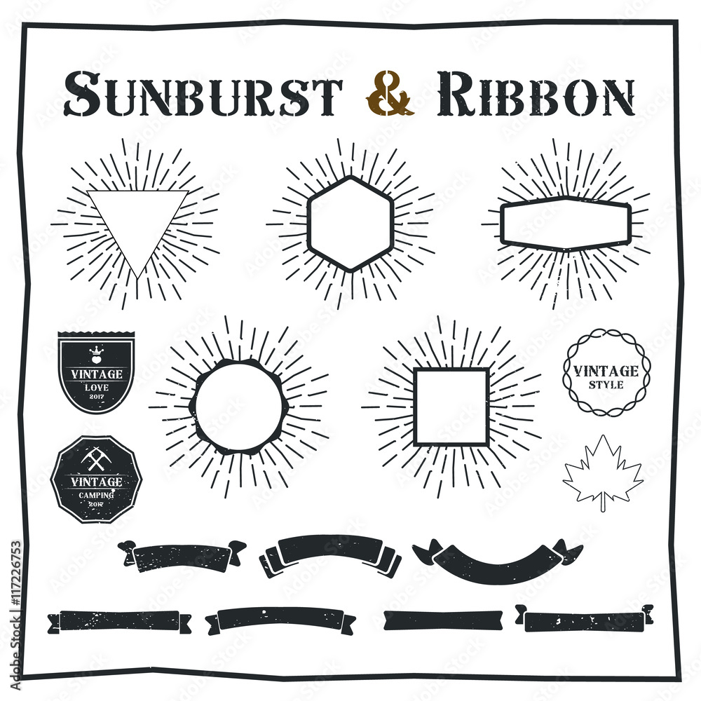 Set of sunburst design elements. Vintage style elements and icons for graphic and website design. 