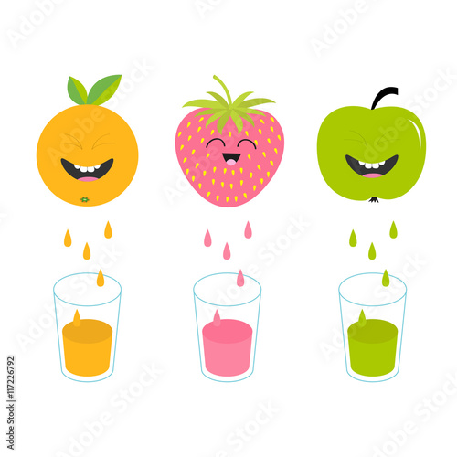 Fresh juice and glasses. Apple, strawberry, orange fruit with faces. Smiling cute cartoon character set. Natural product. Juicing drops. Flat design. White background. Isolated.