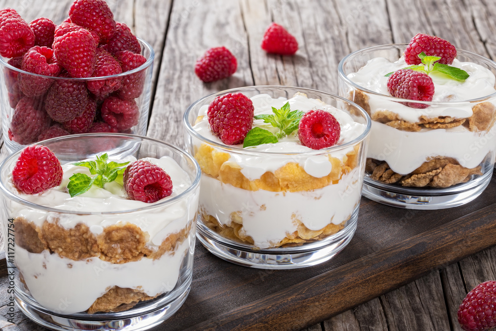 yogurt in cups with whole grain cereals and corn flakes yogurt in cups with whole grain cereals and corn flakes