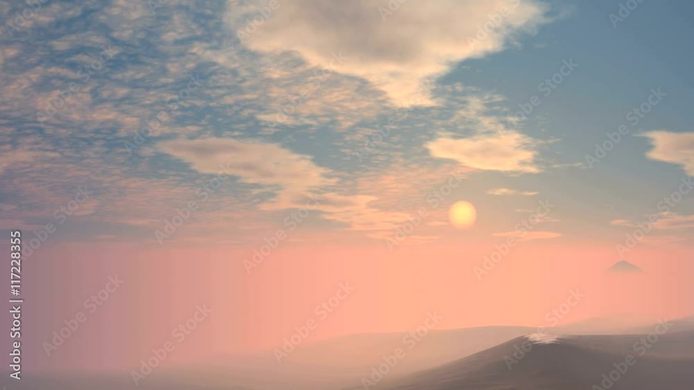Sunrise From Fog. Thick pink glowing mist-shrouded mountains and hills. From it rises slowly bright white sun. 