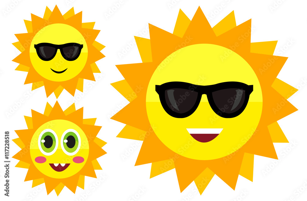 Sun cartoon with different expressions, set sun faces, sunglasses,  icon, illustration, logo, eps, art, jpg.
