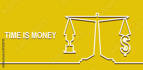 Time is money, money concept. On the scales of a dollar sign and an hourglass. Equilibrium and selection yellow background. vector
