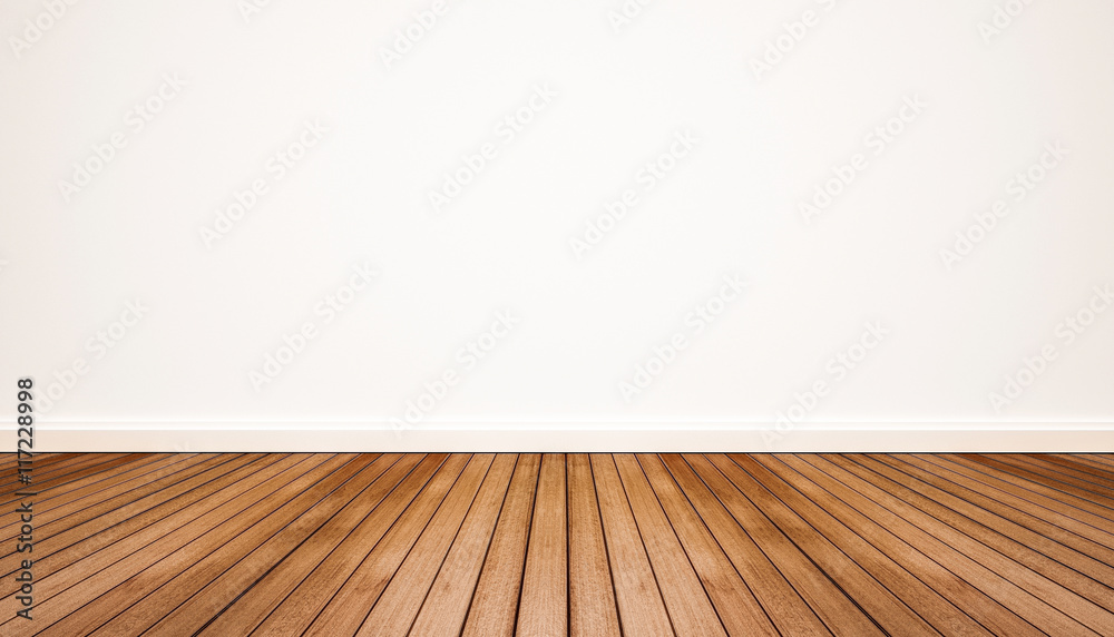 Wood floor with white wall - obrazy, fototapety, plakaty 