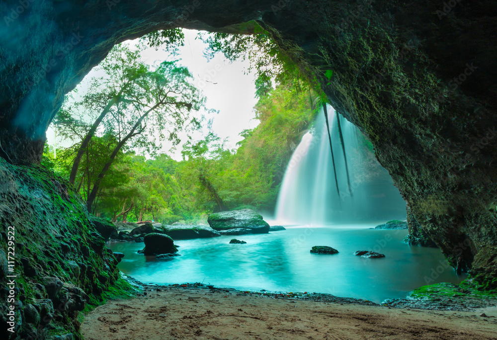 Amazing Cave In Deep Forest With Beautiful Waterfalls Background At
