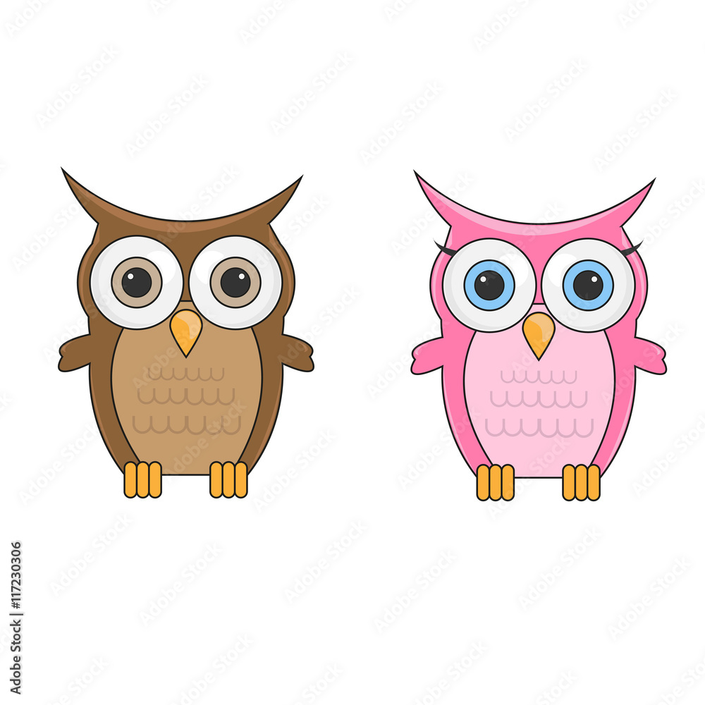 Couple little cute cartoon owls man and woman characters isolate Stock  Vector | Adobe Stock