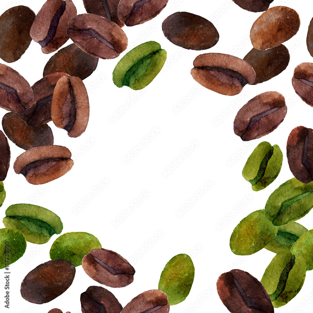 Watercolor card with coffee beans. Watercolor card with coffee beans.