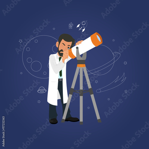 scientist looking through a telescope at the stars.