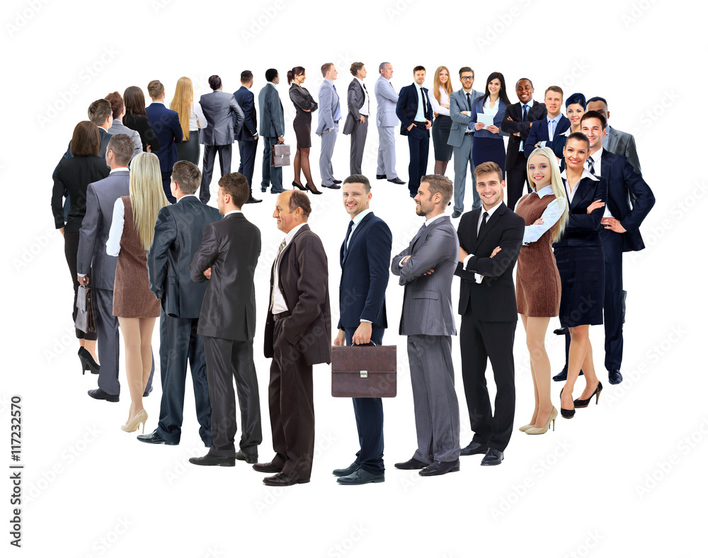Fototapeta premium Business group stand in a circle isolated over white backgroun