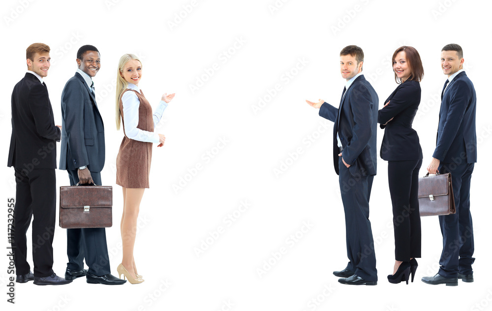 Portrait of happy smiling young business people showing blank ar