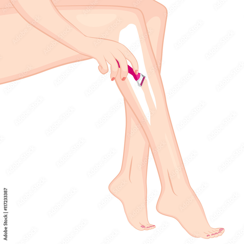 Closeup of beautiful woman razoring legs with pink razor Closeup of beautiful woman razoring legs with pink razor
