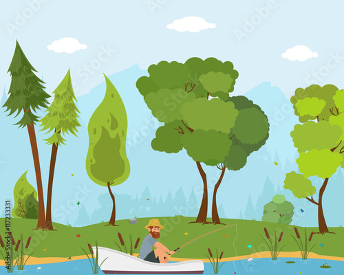 man fishes in a boat on the river.