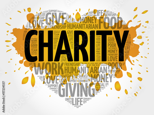 Charity heart word cloud collage, concept background