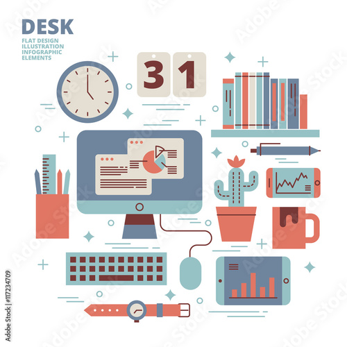 Desk, Flat Design, Illustration